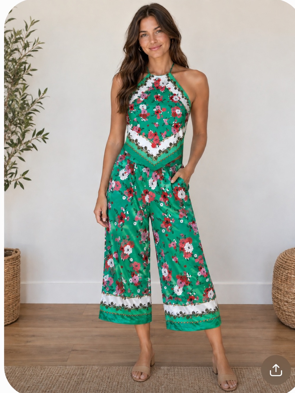Zara Green Floral Halter top with matching cropped pants, size S
